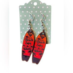 Life Is Beach Enjoy The Waves Surfboard Red Black Dangle Pierced Earrings New